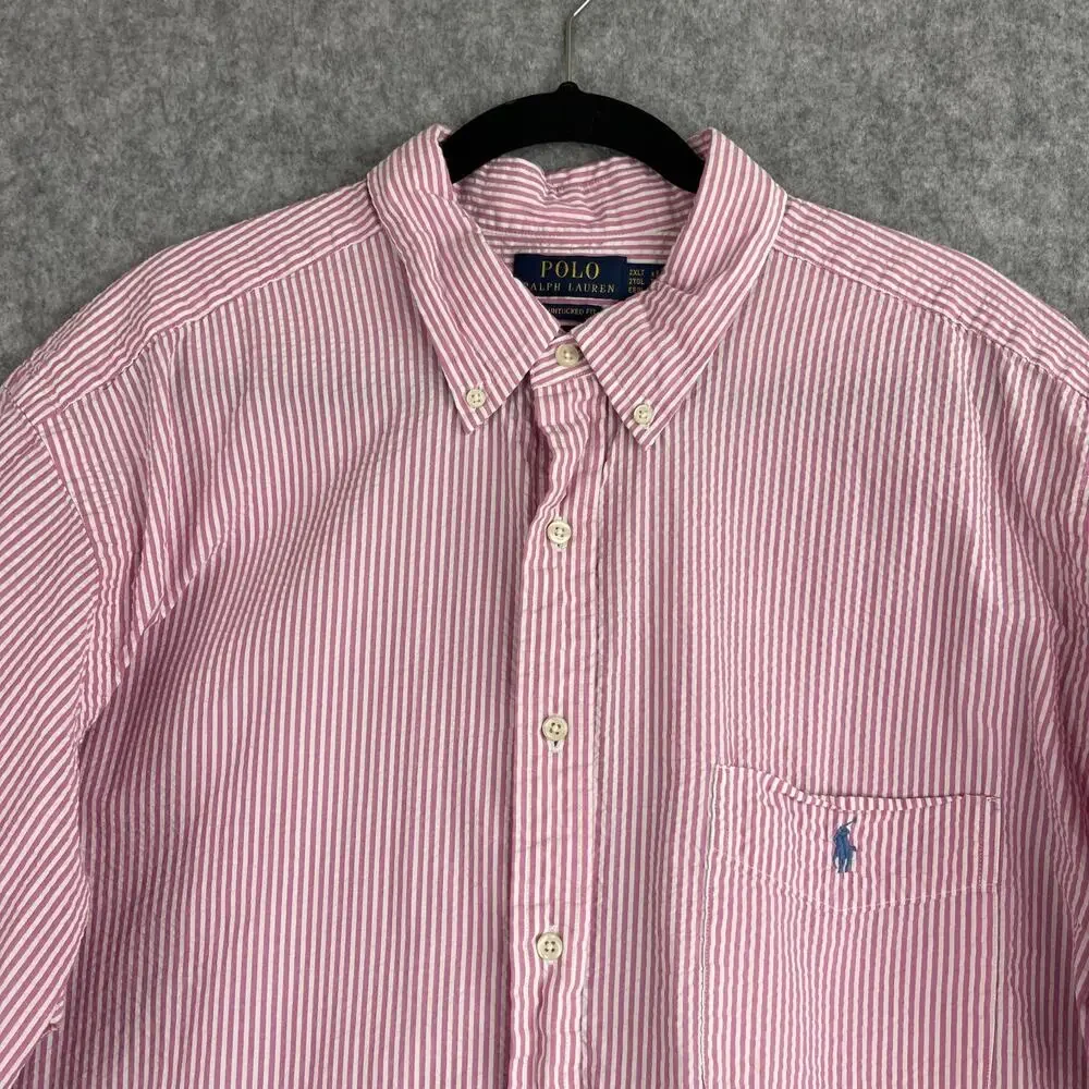 Polo Ralph Lauren Seersucker Shirt Mens 2XLT‎ Pink Stripe Untucked Fit Button Up
